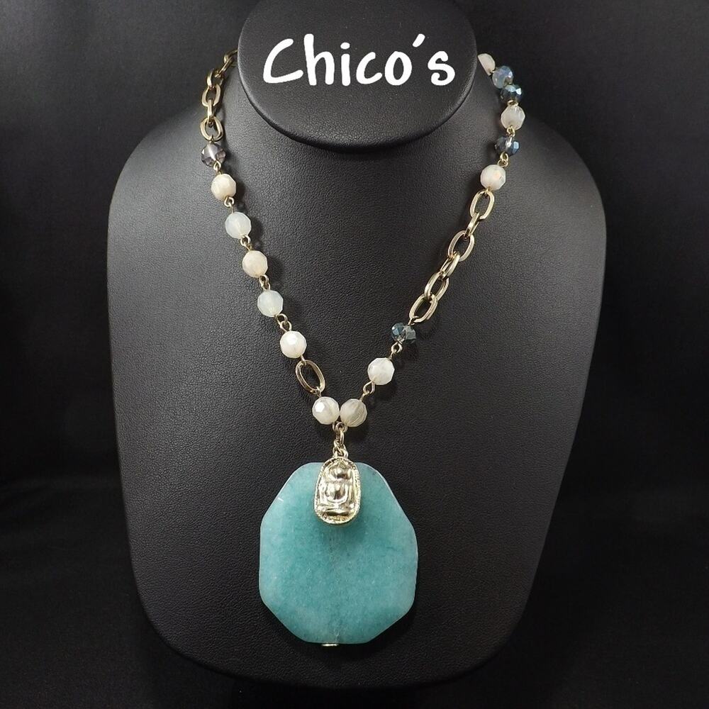 Chico's Teal Gemstone Long Crystal Beaded Necklace, Silver Tone, 40 Inches
